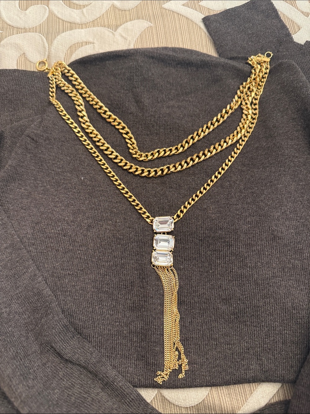 Ralph Lauren Gold Multi-Chain Necklace with Clear Crystal Tassel